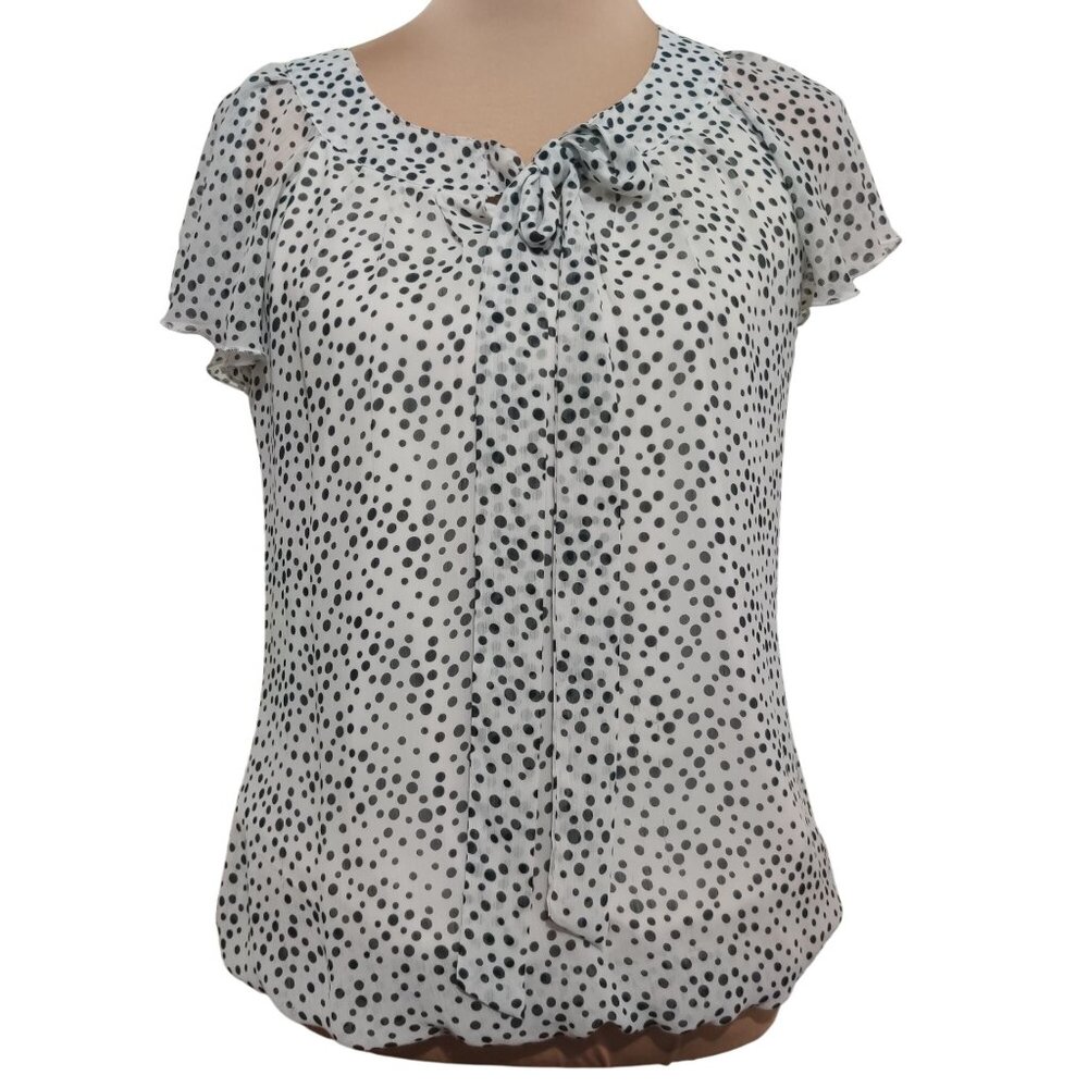 Sara Michelle Womens Blouse Polka Dot Flutter Sleeve Tie Neck Black White Size S